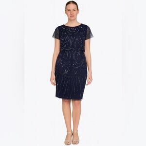 NWT Adrianna Papell Womens Midnight Blue Beaded Embellished Overlay Dress Size 4